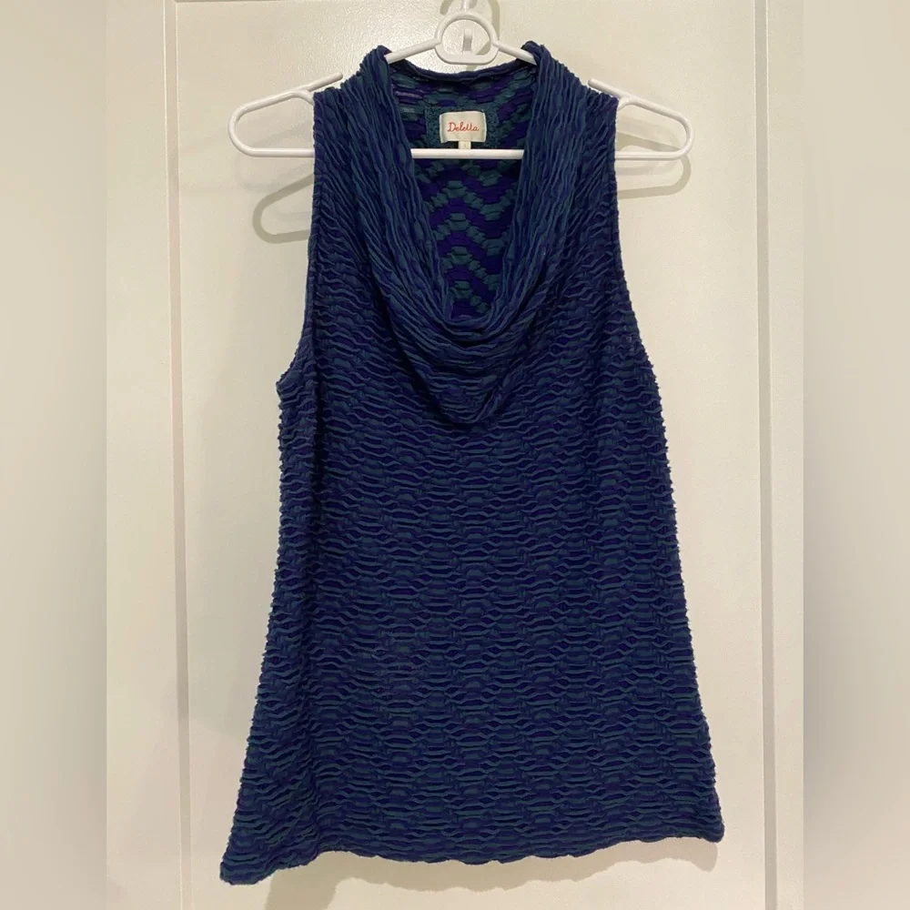 Deletta Teal/Indigo Textured Cowl Neck Sleeveless Blouse, size L - Picture 1 of 5